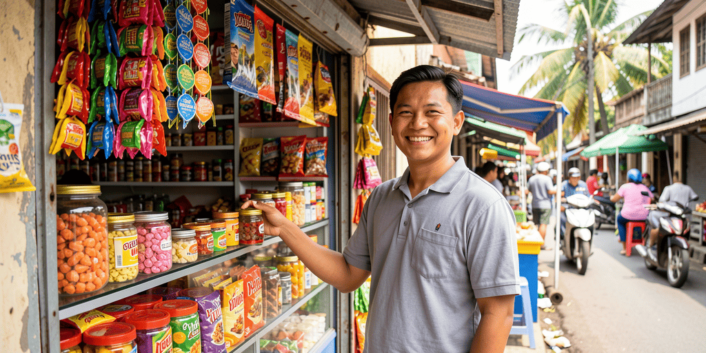 A smiling man stands in a sari-sari store, reaching for a jar of snacks on a shelf filled with colorful goods.