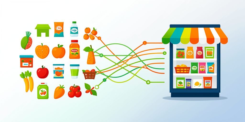Colorful grocery items connected by winding lines to a small store storefront.