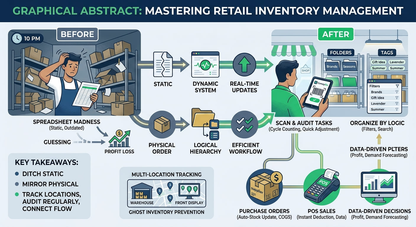 Infographic comparing inefficient manual inventory management with a streamlined, digital retail system.