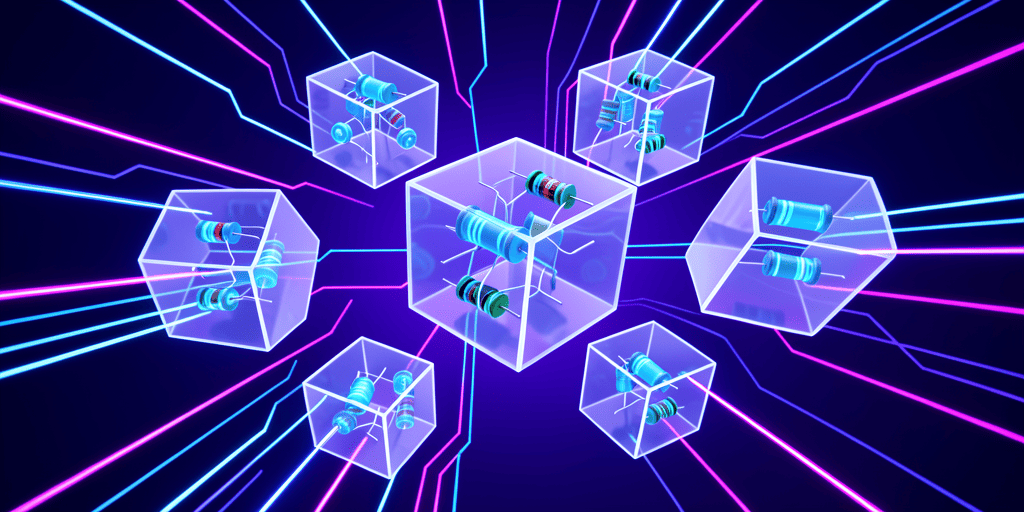 Electronic components like resistors and capacitors inside glowing translucent cubes on a digital neon background.