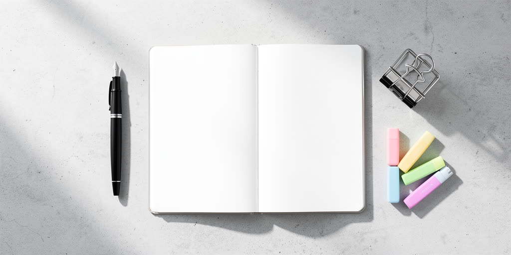 Flat lay of an open blank notebook, a black fountain pen, binder clips, and colorful highlighters on a grey surface.