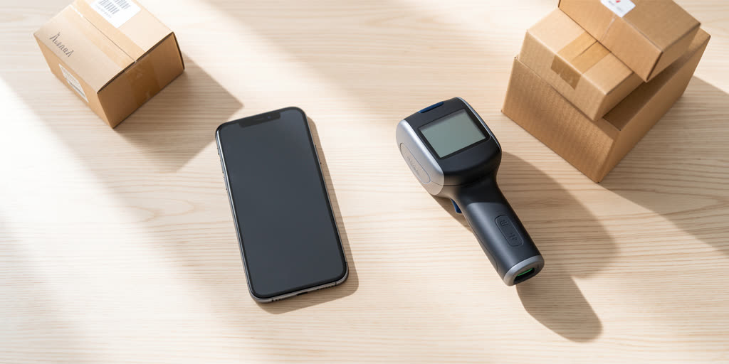 A smartphone and a handheld digital thermometer on a wooden table surrounded by cardboard shipping boxes.