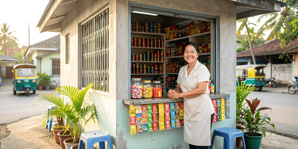 A smiling woman in a white apron stands in front of her small sari-sari store stocked with snacks and jars of candy.